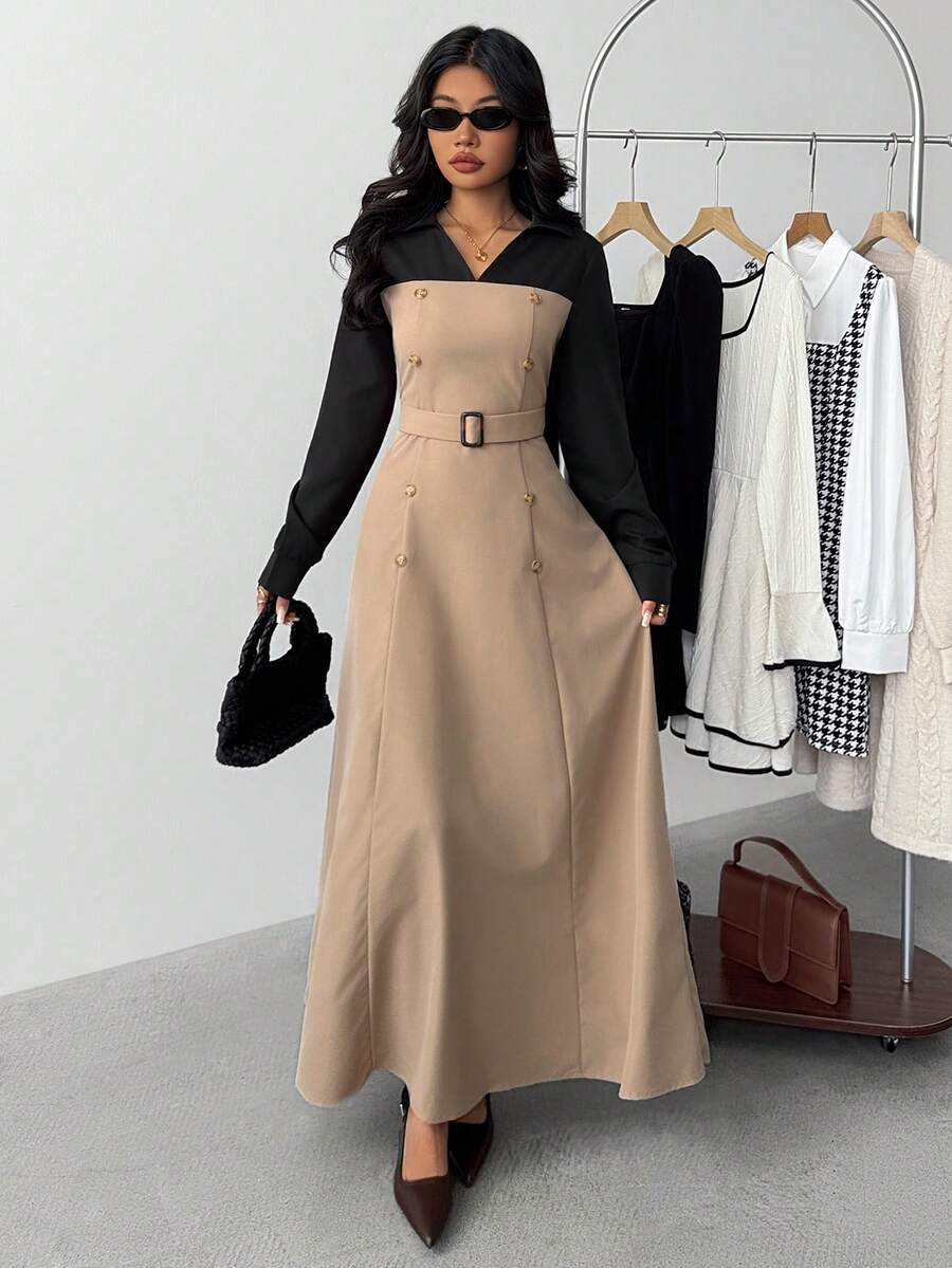 SHEIN Đầm ôm eo tay dài cổ bẻ màu tương phản họa tiết chắp vá thanh lịch cho bé gái tuổi teen - Nhiều màu - Xem 1