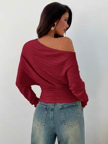 Aloruh Blusa de manga larga ajustada con cuello asimétrico de punto grueso y plisado de unicolor - Rojo - Ver 2