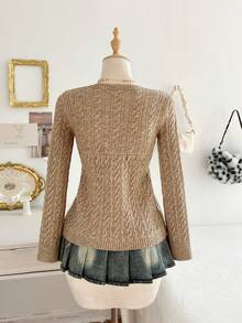 Elamini Áo khoác cardigan cổ vuông cài nút phía trước dệt kim xoắn phong cách cổ điển dành cho nữ - Màu Khaki - Xem 2