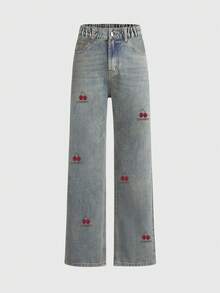 Teen Girls Cute Retro Vintage Light Blue Straight Leg Jeans,Y2K Aesthetic Loose Fit Cotton Denim With Embroidered Cherry,Summer Holiday Back-To-School - Light Wash - View 4