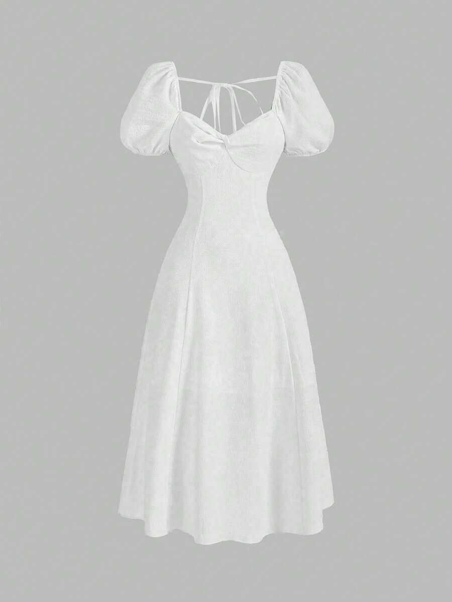 SHEIN MOD Ladies' Solid Color Twisted Puff Sleeve Dress, Wedding Guest Dress, Graduation Dress - White - View 1