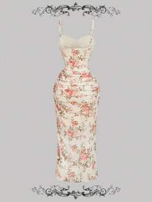 SHEIN MOD 女士复古印花褶皱开衩中长连衣裙，米色女士连衣裙，仙女裙，正式礼服，新年夜，新年，新年派对礼服，节日礼服，新年女装，派对女士连衣裙 - 彩色 - 查看 2