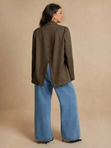 Elaquor Plus Size Women's Solid Color Lapel Collar Long Sleeve Single Button Casual Blazer Jacket, Autumn