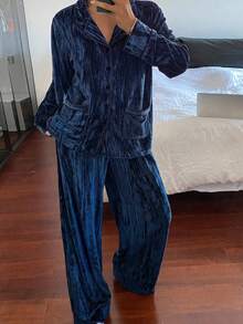 DAZY 2pcs Women Velvet Texture Glossy Loose Long Sleeve Pajama Set - Navy Blue - View 3