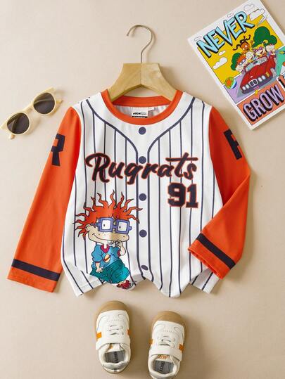 Nick 90s | SHEIN Young Boy Chuckie Character Print Contrast Color Splice Sporty Design Loose Fit Crew Neck Long Sleeve T-Shirt