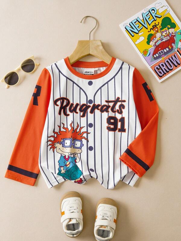 Nick 90s | SHEIN Young Boy Chuckie Character Print Contrast Color Splice Sporty Design Loose Fit Crew Neck Long Sleeve T-Shirt