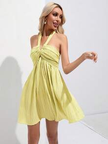 SHEIN VCAY Đầm Lộ Lưng Xù Buộc lại Dải chun màu trơn Giải trí - Màu vàng - Xem 4