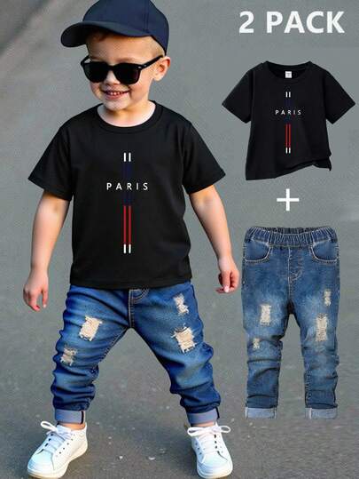 SHEIN 1 Set Young Boys' Casual Fashionable Cool Minimalist Paris Color Block Cross Pattern Black Short Sleeve Crew Neck T-Shirt And Jeans Outfit, Suitable For Spring/Summer Outings