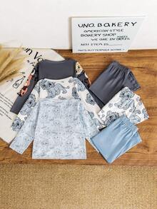 SHEIN 3件套男童卡通狮子印花长袖套装，活力风格儿童休闲服，适合所有季节 - 藍色 - 查看 2