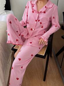 Eraneu Women's Heart Striped Ruffle Collar Single-Breasted Top And Pants Pajama Set, Winter Clothes - Pink - View 6