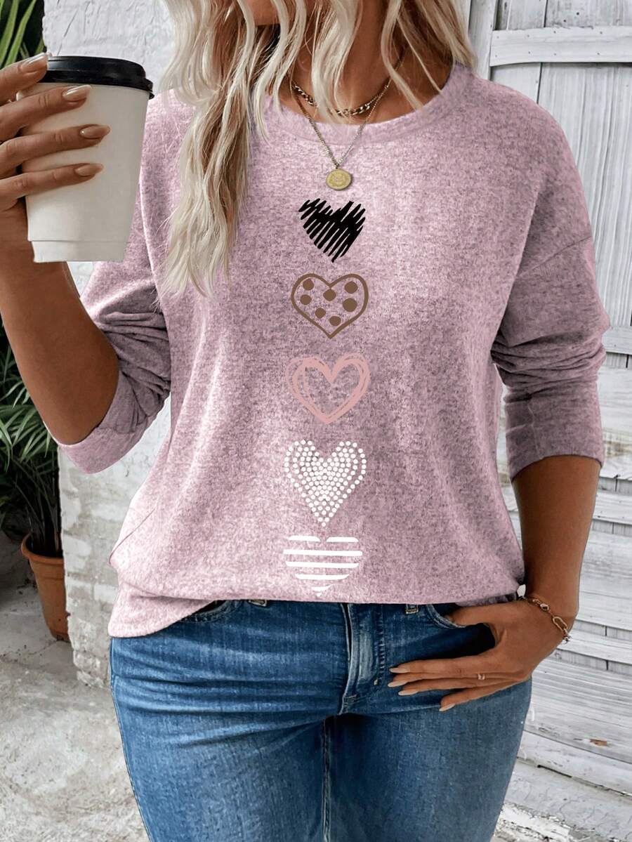EMERY ROSE 大码女式心形印花长袖圆领休闲T恤，秋冬 - 淺粉色 - 查看 1