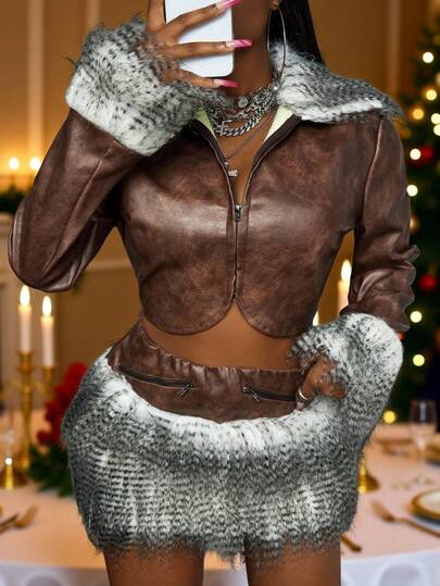 Slaydiva 2025 Autumn And Winter New Hot Girl Street Fit PU Splicing Plush Open Short Long-Sleeved Jacket + Pu Splicing Wool Mini Skirt Women Two Pieces Set, Maillard Color,Sexy, Party, Dinner, Date, Nightclub, Night Out,Travel Outfit Airport, Streetwear,Y2k,Gathering,Vacation-B