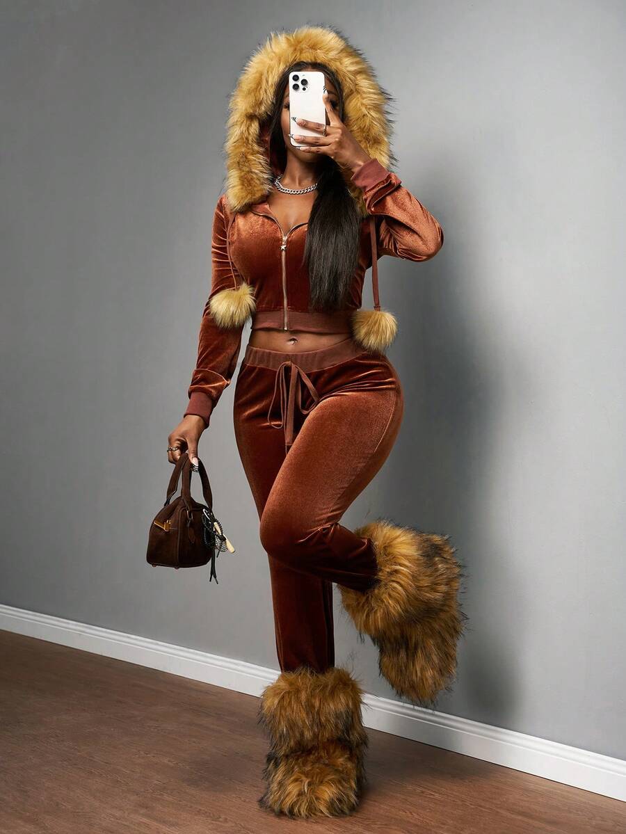 Slaydiva 2025秋冬新款音乐节、假日、西部、游牧风格休闲两件套 - 拉链抓绒领外套 + 直筒裤，芥末绿，臀部字母刺绣，天鹅绒 - 芥末黃 - 查看 1