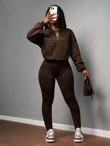 Slaydiva 2025新款秋冬休闲街头风基础款运动瑜伽拉链连帽衫+紧身裤套装 - - 棕色 - 查看 5