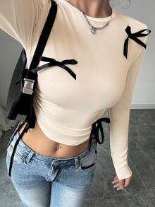 Selianne 女士休闲长袖T恤，侧边饰有蝴蝶结，配有抽绳，适合春季穿着，长袖露脐上衣 - 杏色 - 查看 5