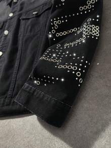 ROMWE MEN Street Life Men's Rhinestone Embellished Single-Breasted Casual Denim Jacket - Black - View 4