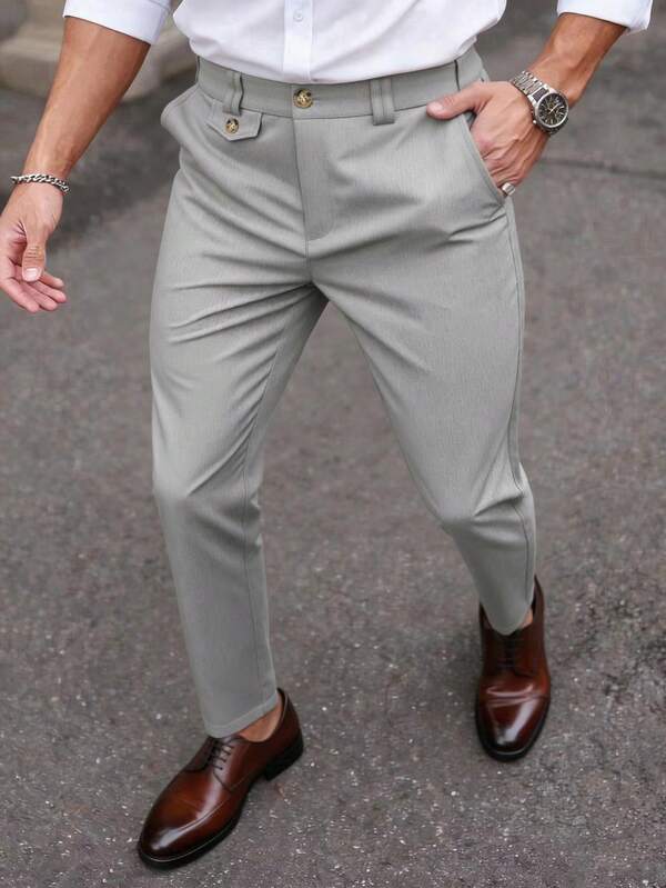 Calvornis Pantalones grises de traje para hombre Manfinity Bizforma, pantalones casuales versátiles para negocios, diseño de cintura con doble bucle, de moda