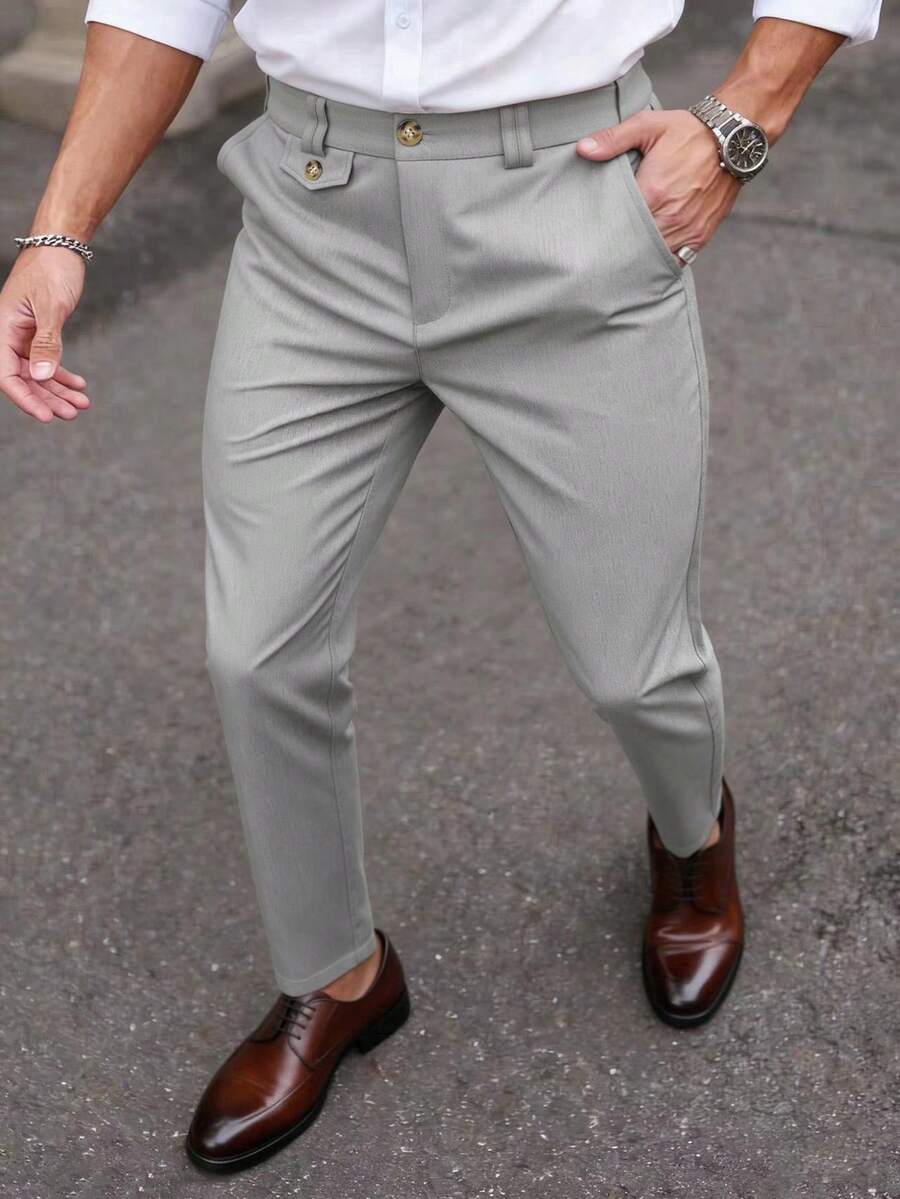 Calvornis Manfinity Bizforma 男士灰色西装裤，商务休闲百搭长裤，双环腰带设计，时尚百搭 - 灰色 - 查看 1