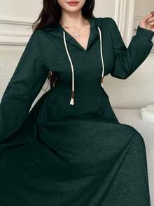 Modelyn 女士休闲连帽抽绳修身灰色卫衣，秋冬款 - 墨綠色 - 查看 5