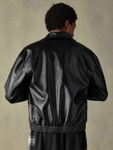 SWAVVY 男士休闲百搭长袖PU皮拉链夹克 黑色皮夹克 男士街头风夹克 男士短款夹克 - 黑色 - 查看 2