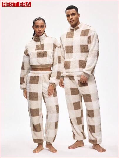 Rest Era 2pcs Men's Casual Cozy Fleece Fluffy Pajama Set, Crew Neck Pullover Top And Pants, Autumn/Winter