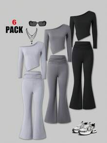 Bộ 3 áo thun bó vai bất đối xứng ChillGRL và quần ống loe nhún bèo, trang phục mùa thu thoải mái, phù hợp cho thanh thiếu niên và phụ nữ trẻ - Nhiều màu - Xem 1