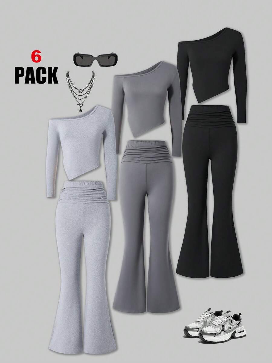 Bộ 3 áo thun bó vai bất đối xứng ChillGRL và quần ống loe nhún bèo, trang phục mùa thu thoải mái, phù hợp cho thanh thiếu niên và phụ nữ trẻ - Nhiều màu - Xem 1