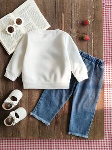 SHEIN 女童甜美草莓印花圆领长袖上衣搭配经典牛仔裤套装，可爱风格，适合公园、学校、与朋友外出以及日常穿着。 - 彩色 - 查看 2