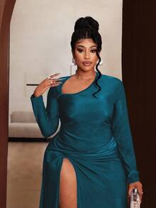 Maweii 大码女式不对称领口扭结开衩性感优雅连衣裙，秋季 - 水鴨藍 - 查看 5