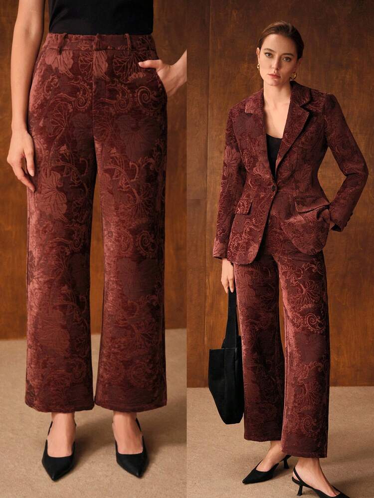 WOMEN'S ELEGANT FLORAL JACQUARD STRAIGHT LEG PANTS