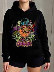 SCOOBY-DOO X SHEIN 大码女式卡通字母印花落肩宽松抽绳卫衣，适合春、秋、冬三季穿着。 - 黑色 - 查看 7
