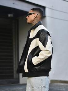 Devon Thys Men Two Tone Zip Up PU Leather Jacket, For Fall Winter - Black and White - View 4