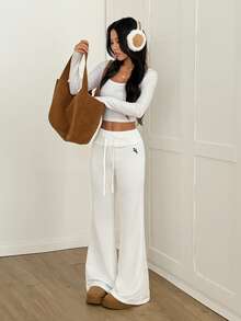 CovetEZ Calça de Moletom Flare Branca Casual Feminina com Nó e Bordado