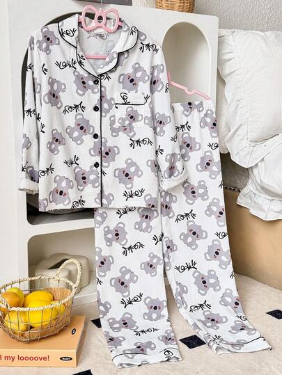 SHEIN Girls Bubble Crinkle Cute Koala Letter Print Long Sleeve Pajama Set Cartoon Koala Print Pajamas Collar Neck Pajama Set Soft Pajamas Set