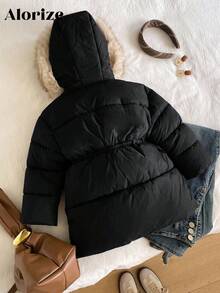 Sparklyn 女童（小号加厚外套，休闲百搭百搭风格，棕色中长款束腰，冬季 - 黑色 - 查看 2