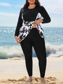 Swim Mulvari 大码女士宽松印花布基尼泳衣，适合保守的中东女性，百搭泳装 - 黑色 - 查看 5