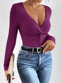SHEIN Frenchy 秋冬季扭结前片罗纹针织毛衣 - 中紫紅色 - 查看 5