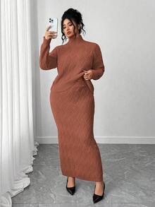 Elenzga 大码毛衣和紧身裙两件套，休闲宽松圆领套头衫 - 鏽棕色 - 查看 3