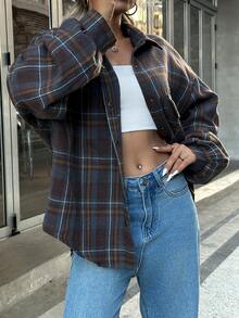 INAWLY 大码女式翻领格子单排扣休闲百搭衬衫 - 彩色 - 查看 8