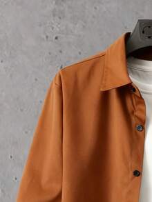 Manfinity Homme 男士纯色翻领单排扣长袖衬衫搭配抽绳腰带口袋长裤套装，休闲两件套，男士两件套西装，长袖男士两件套，男士两件套服装，棕色复古风格，适合日常休闲、周末旅行、户外活动、探险旅行、轻松的工作环境或半正式场合，可作为男友/丈夫礼物、周年纪念/生日礼物、派对礼物、圣诞节礼物、新年礼物、婚礼礼物。 - 棕色 - 查看 5