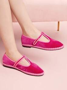CUCCOO DOLLMOD Women's Elegant Velvet T-Strap Mary Jane Flat Shoes, Peach Pink - Pink - View 3