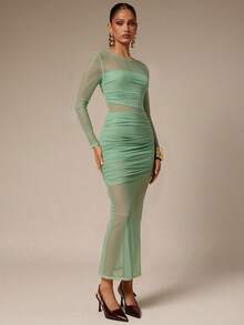 Silquee Women's Solid Color Round Neck Raglan Sleeve Ruched Fashionable Sheer Dress - Mint Green - View 5