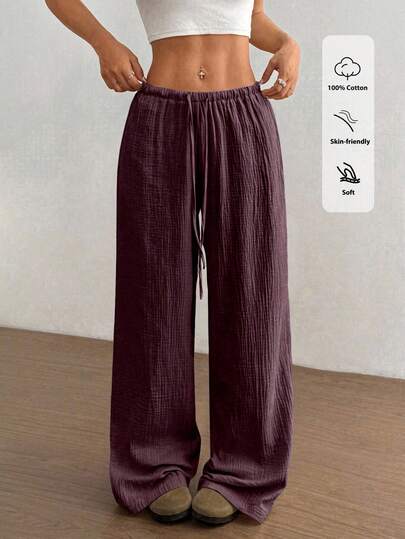 Flirla Women's Soft Cotton Gauze Casual Pants, Ultra Low Waist Solid Color Elastic Waist Straight Leg Design