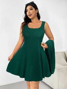 SHEIN EZwear Plus Size Black Chunky Rib Knit Sweatshirt Dress Set, Early Autumn