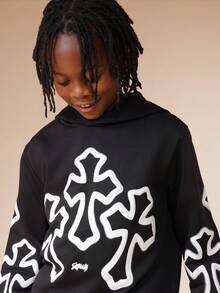 SUMWON 男童连帽卫衣，白色抽象印花设计，长袖套头衫，适合儿童休闲度假穿着 - 黑色 - 查看 3