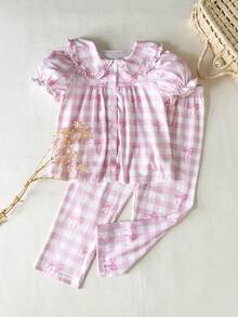 SHEIN 2pcs Girls Butterfly & Plaid Print Set, Peter Pan Collar Ruffle Trim Short Sleeve Top & Pants, Stretchy & Soft Fabric, Ideal For Casual Wear