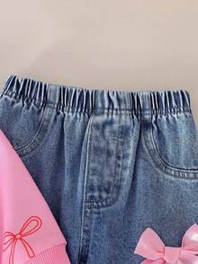 SHEIN Playful Pals Set de 2 piezas: Sudadera con cuello redondo y mangas raglán con estampado de mariposa informal y elegante para niñas, y pantalones vaqueros rectos de cintura elástica holgados, adecuados para primavera, otoño y vuelta al colegio - Rosa - Ver 7