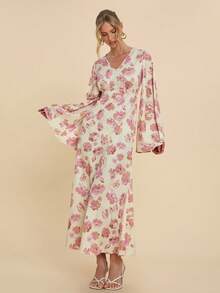 COSMINA Đầm dài nữ thanh lịch in hoa, cổ chữ V, tay cánh dơi, eo thon, thích hợp cho các kỳ nghỉ, hẹn hò, tụ họp, đầm kimono, đầm dài tay, đầm in hoa, đầm dài nữ, đầm quấn. - Nhiều màu - Xem 4