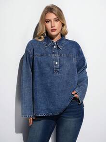 Maija Áo denim cỡ lớn gợi cảm tay dài rộng màu xanh áo sơ mi nữ mùa thu váy nữ áo sơ mi nữ áo cánh - Rửa tối - Xem 1