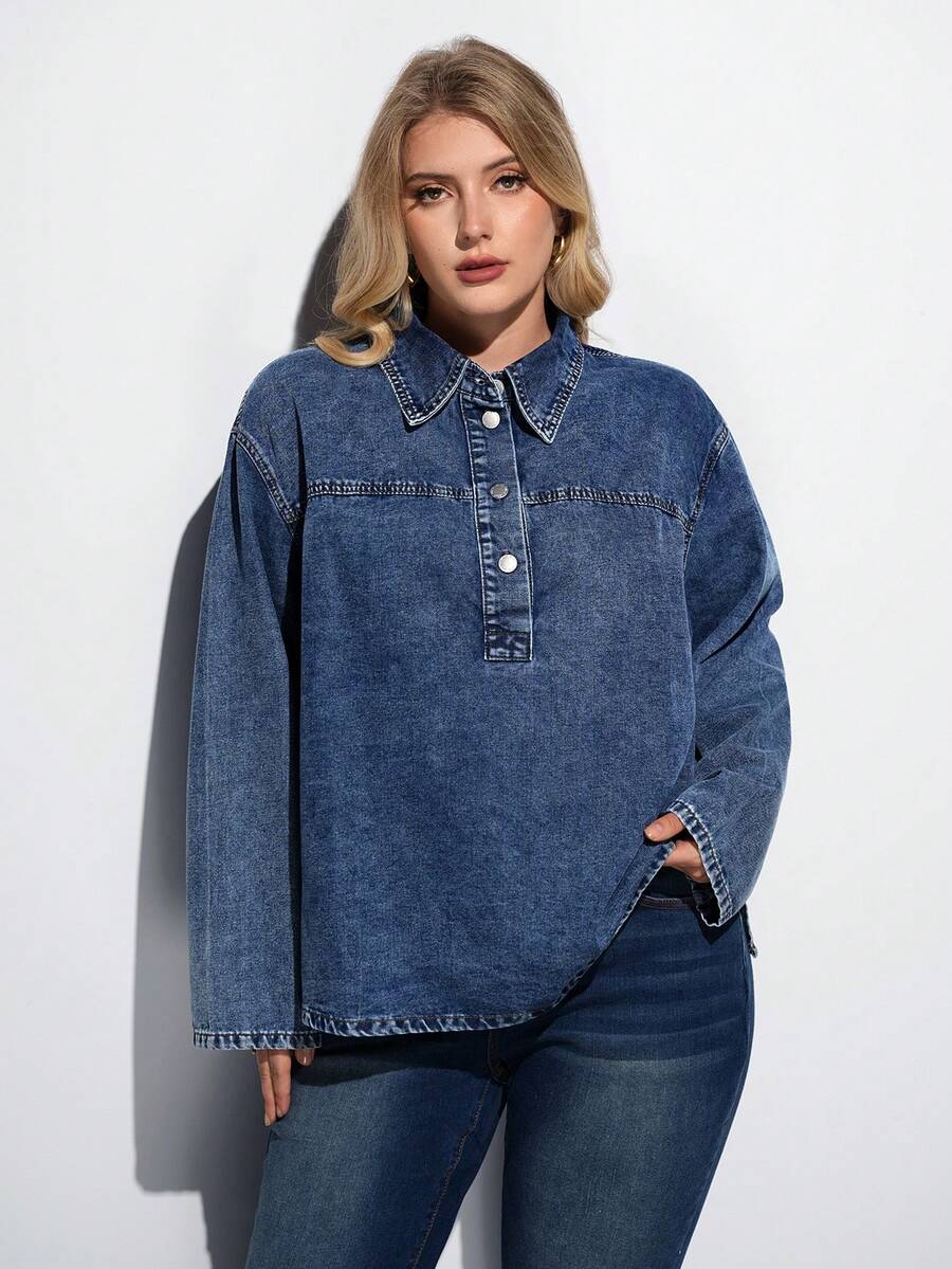 Maija Áo denim cỡ lớn gợi cảm tay dài rộng màu xanh áo sơ mi nữ mùa thu váy nữ áo sơ mi nữ áo cánh - Rửa tối - Xem 1